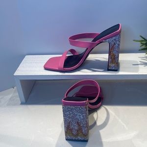 Diamanté Flame Pink Heeled Mules